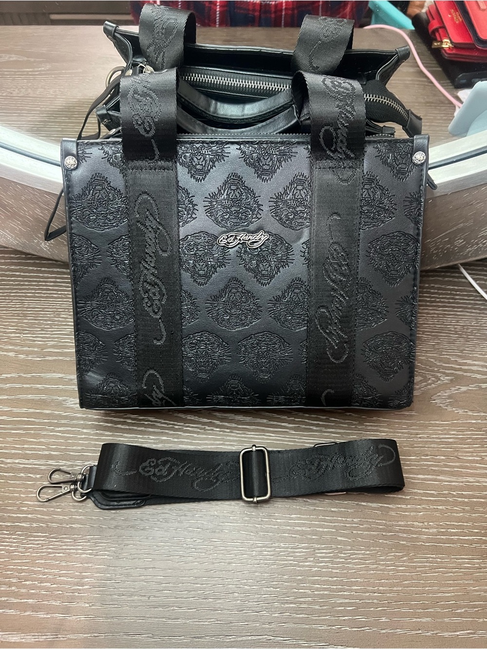 Ed Hardy Black Embossed Logo Messenger Tote